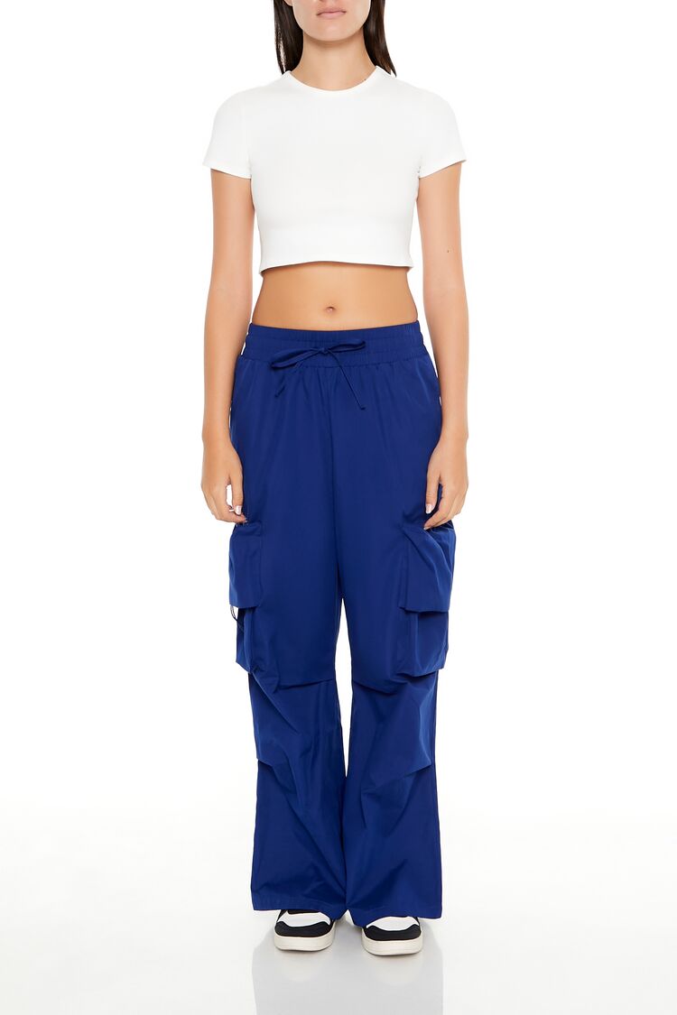 Women's Drawstring Wide-Leg Cargo Pants in Dark Blue Medium