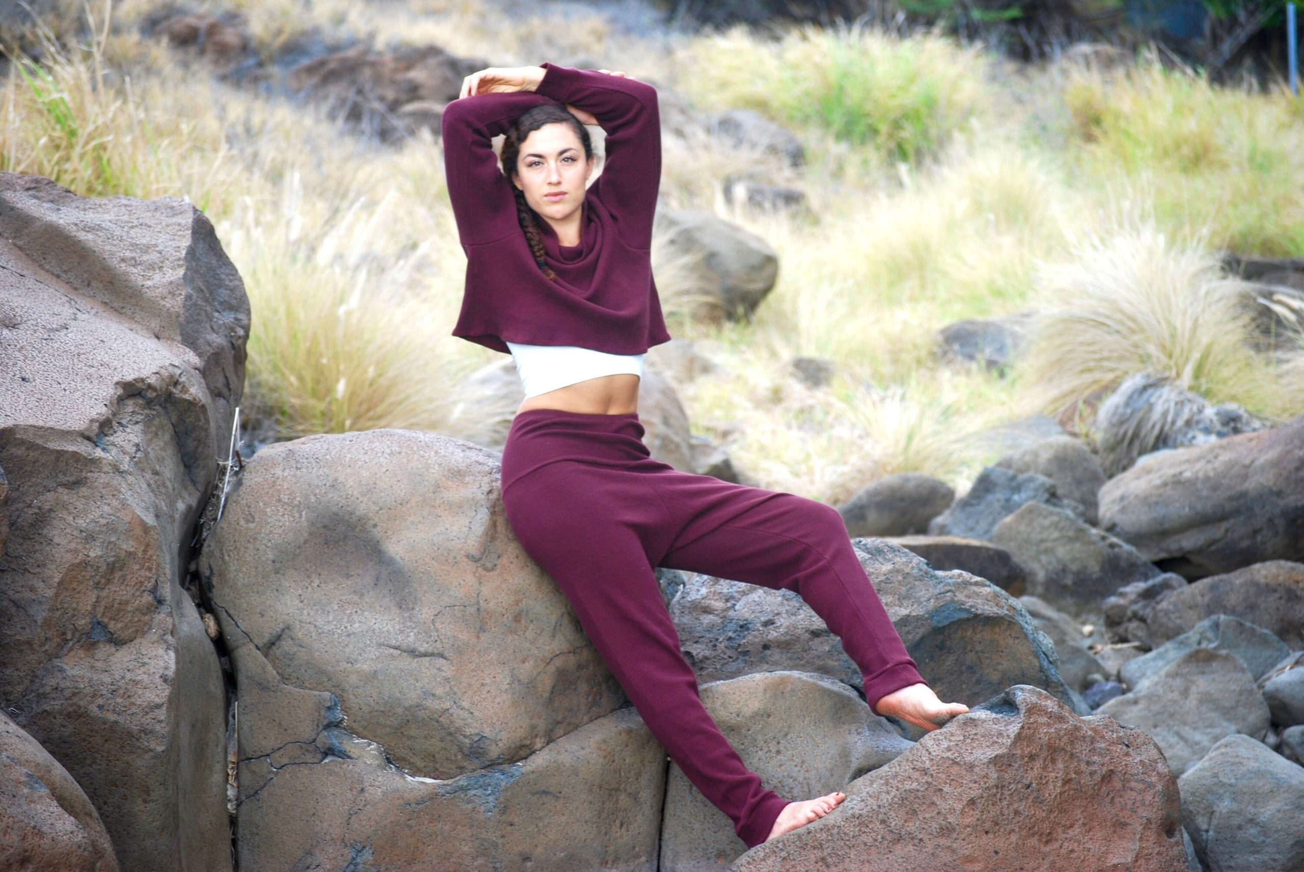 Women's Drop Crotch Joggers - Organic Cotton Thermal Red Wine Clothing Loungewear Yoga Pants