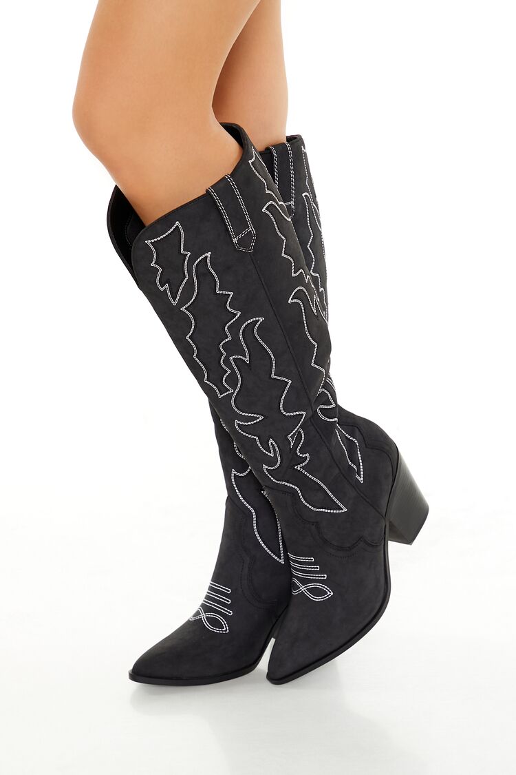 Women's Embroidered Faux Suede Cowboy Boots in Black, 7