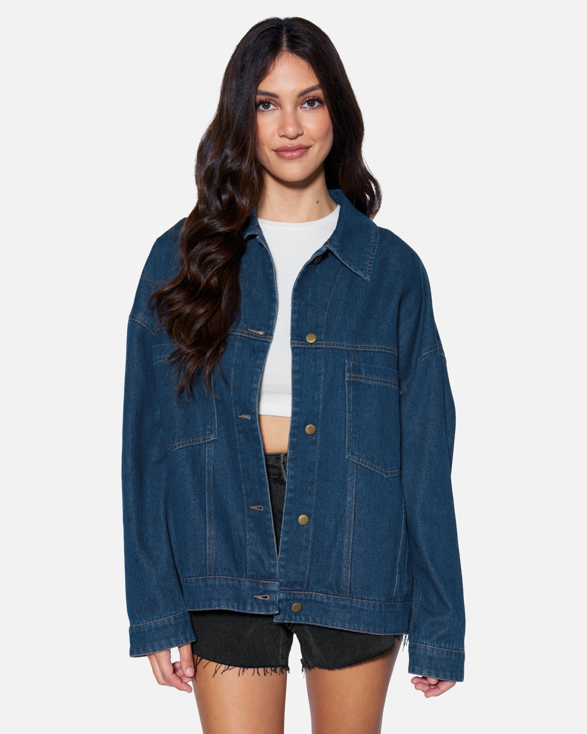 Women's Essential Boyfriend Denim Jacket in Dark Denim, Polyester