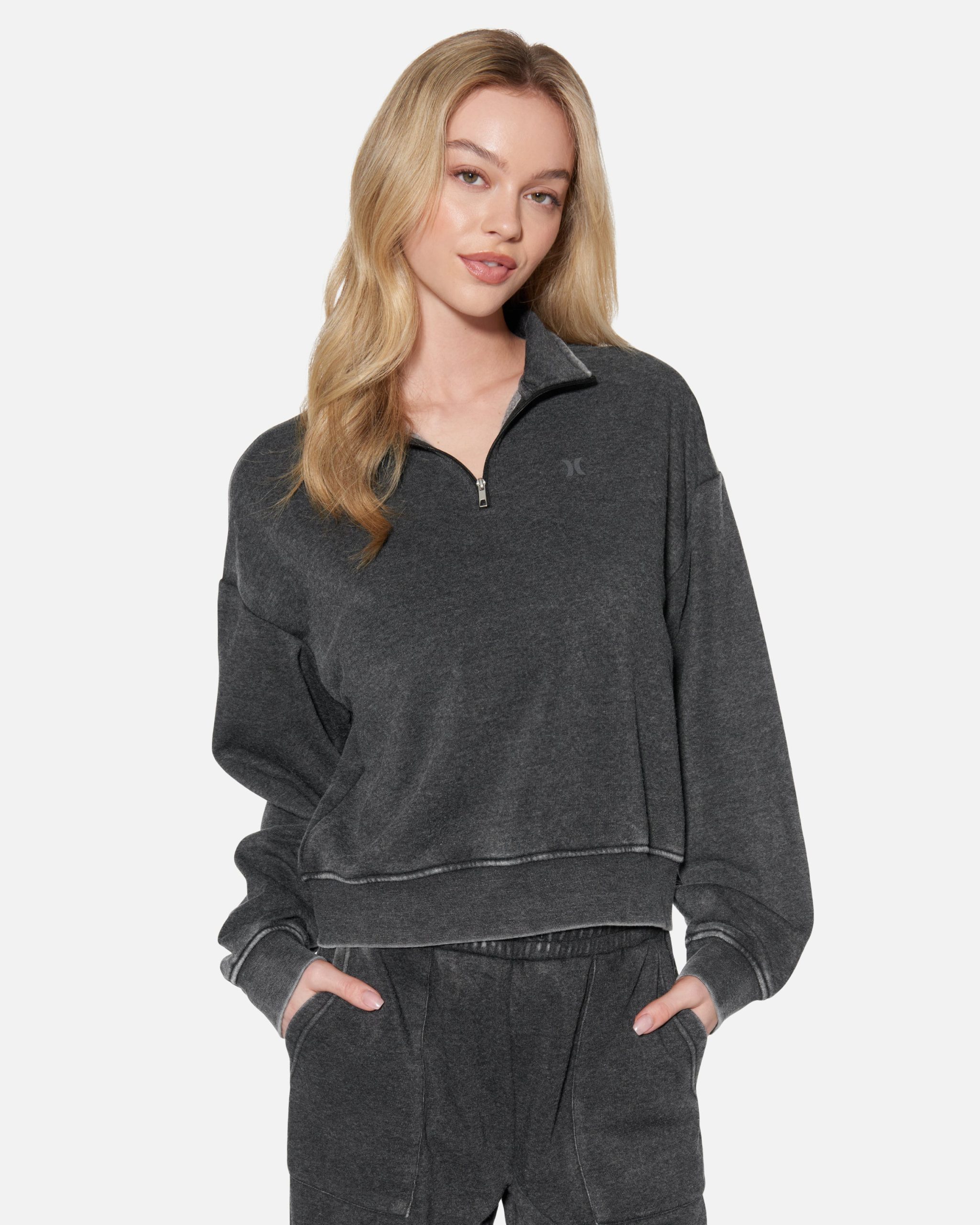 Women's Essential Burnout Fleece Half Zip Sweatshirt in Black, Polyester, Size Small