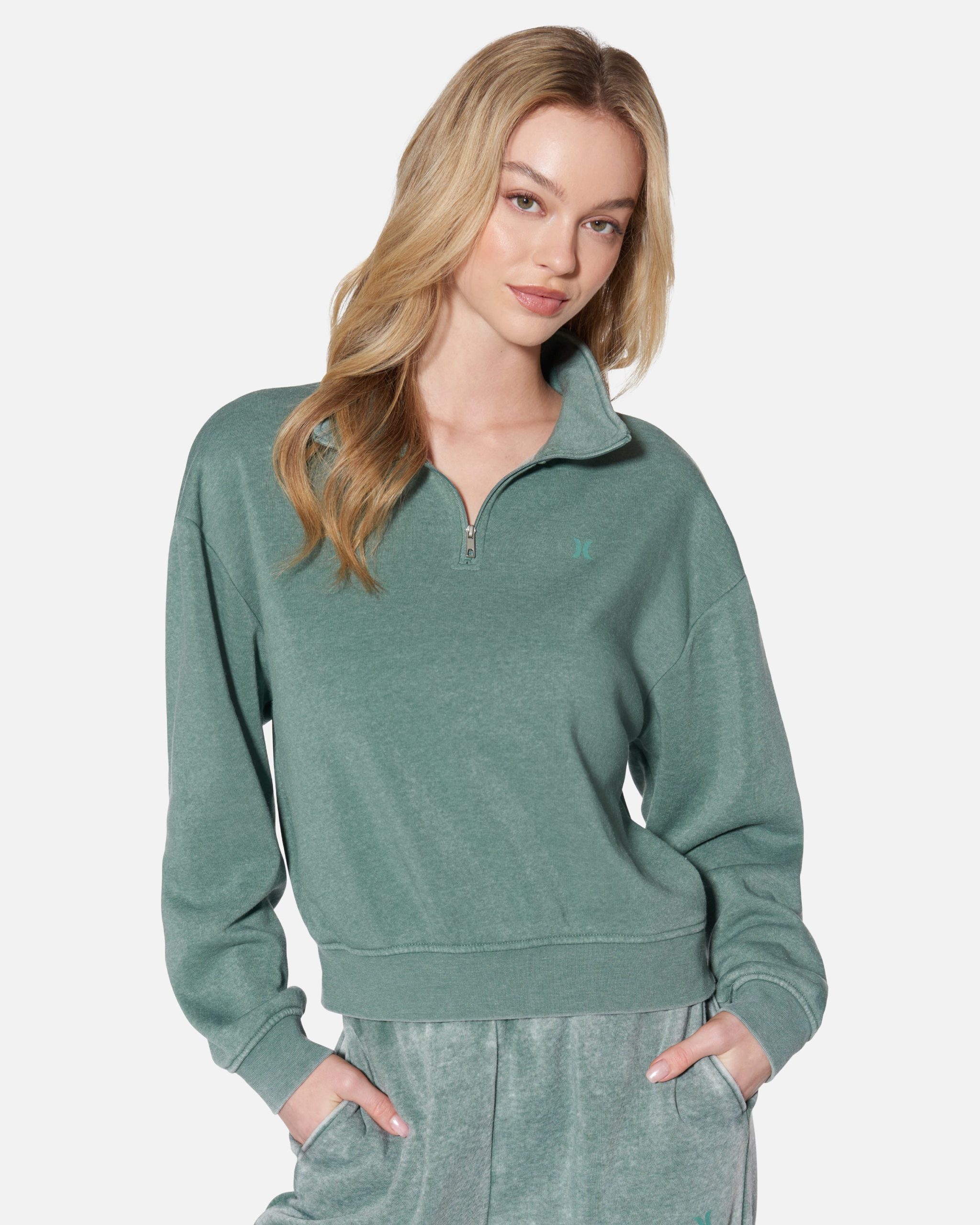 Women's Essential Burnout Fleece Half Zip Sweatshirt in Gray Green, Polyester, Size Small