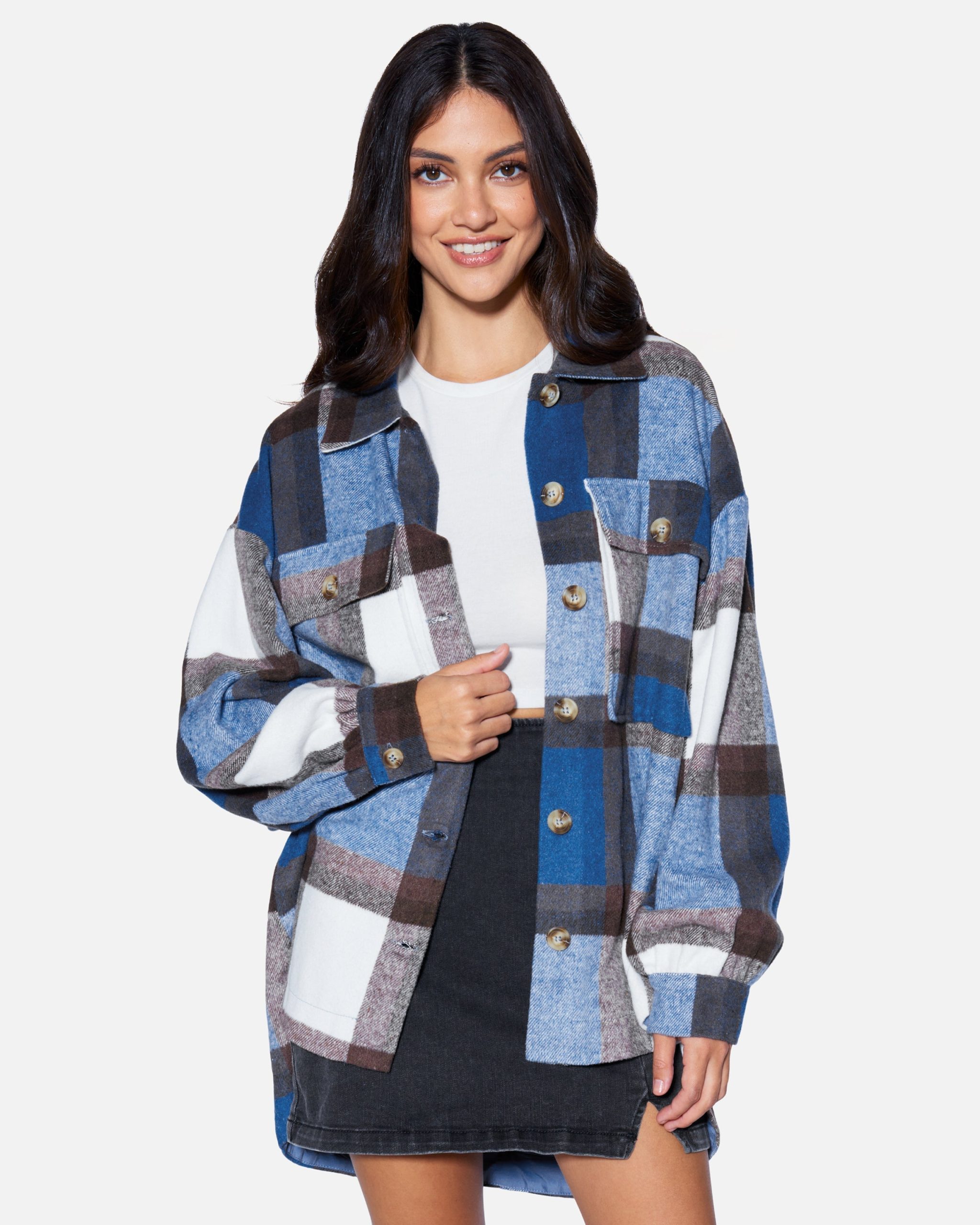 Women's Essential Plaid Jacket in Blue, Polyester, Size Small