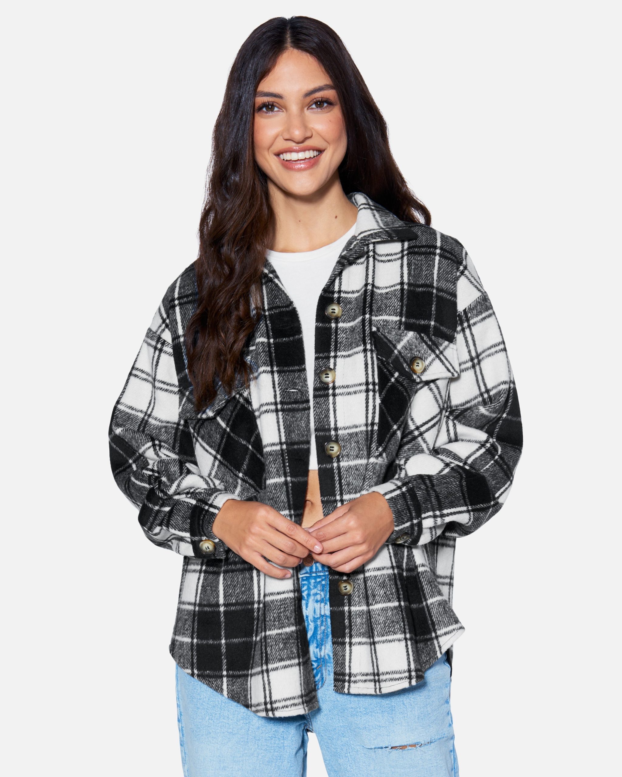 Women's Essential Plaid Shacket in Black, Polyester, Size Small