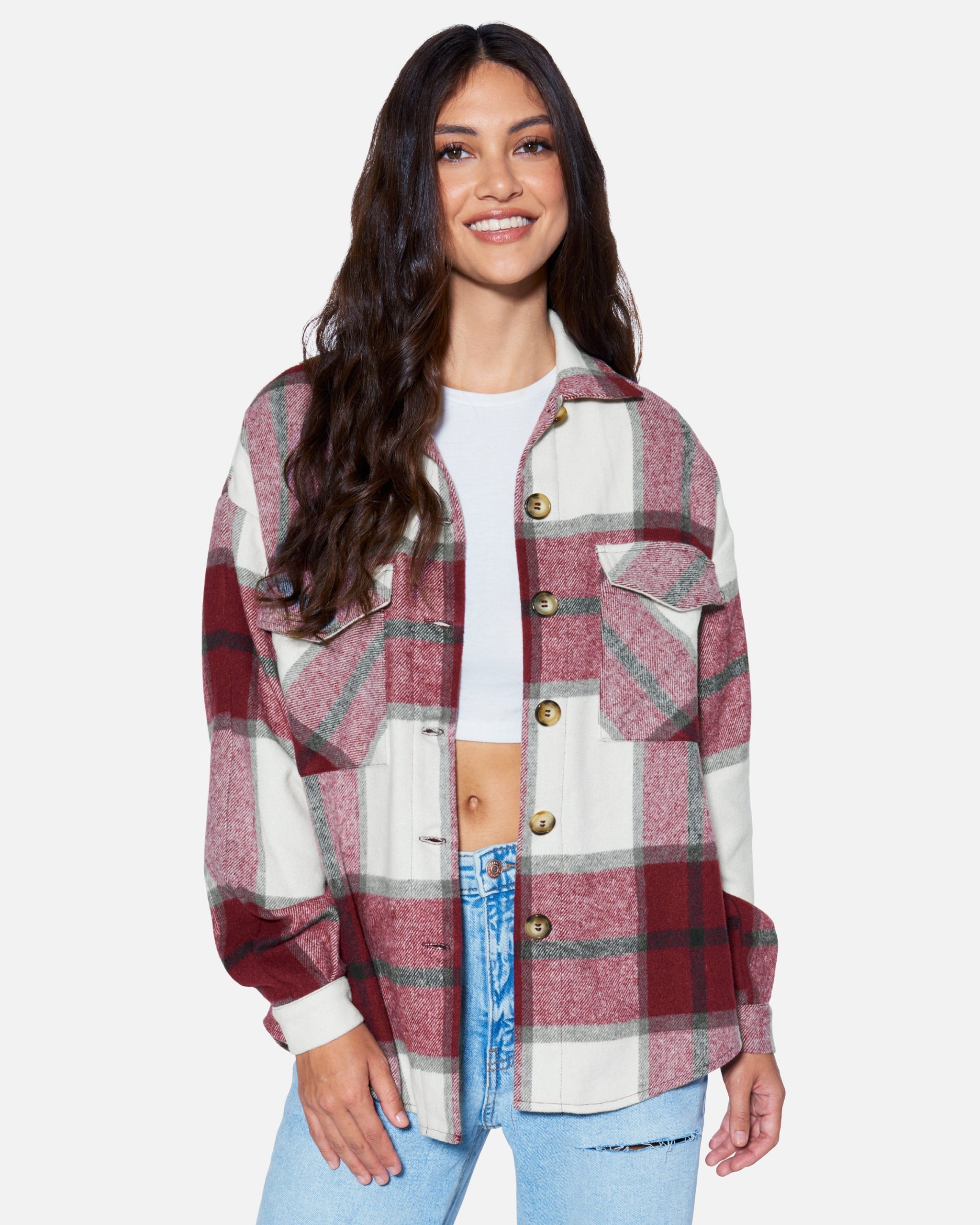 Women's Essential Plaid Shacket in Burgundy, Polyester, Size Small