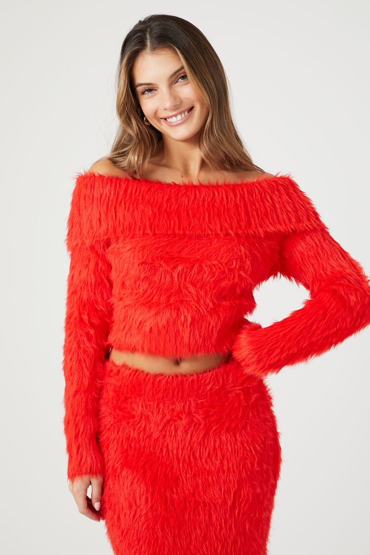 Women's Faux Fur Off-the-Shoulder Top in Fiery Red, XL