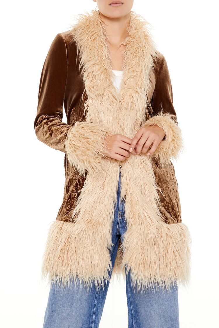 Women's Faux Fur-Trim Embroidered Coat in Cocoa/Vanilla, XS