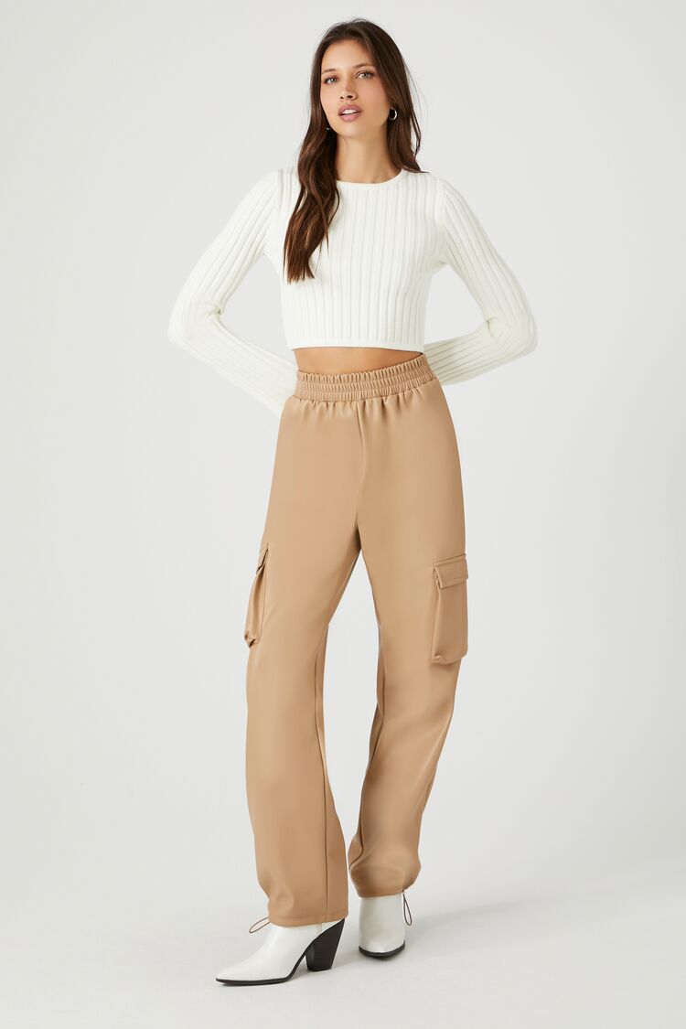 Women's Faux Leather Cargo Pants in Beige Small