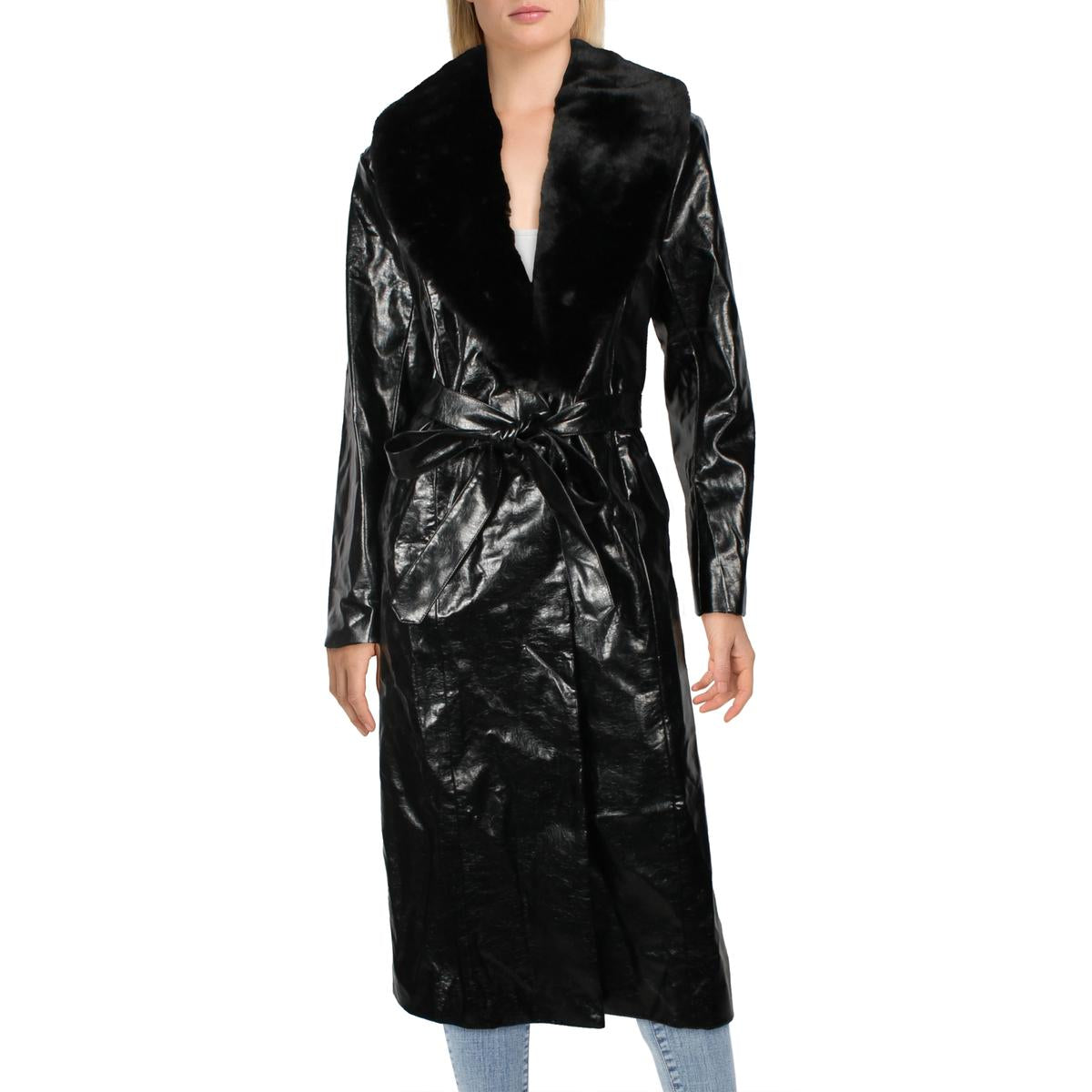 Womens Faux Leather Long Trench Coat