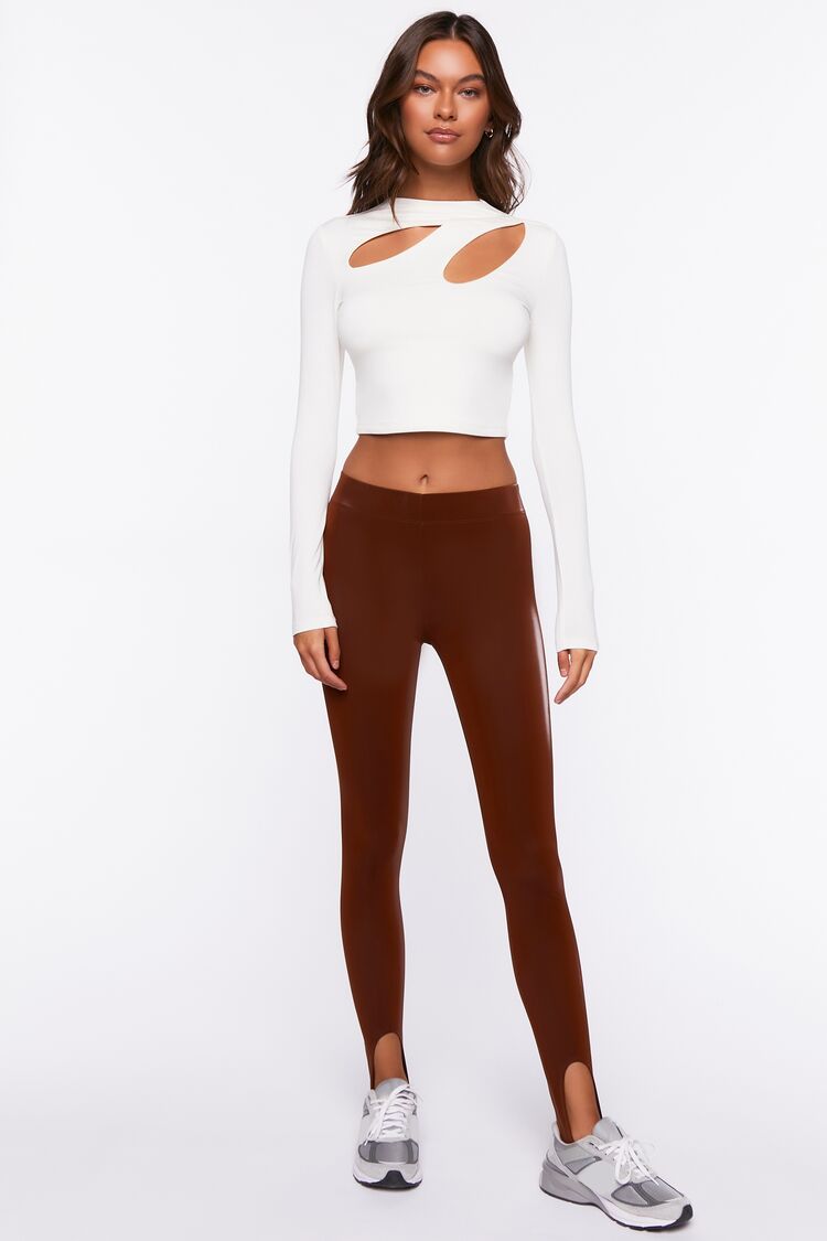 Women's Faux Leather Stirrup Leggings in Chocolate Small