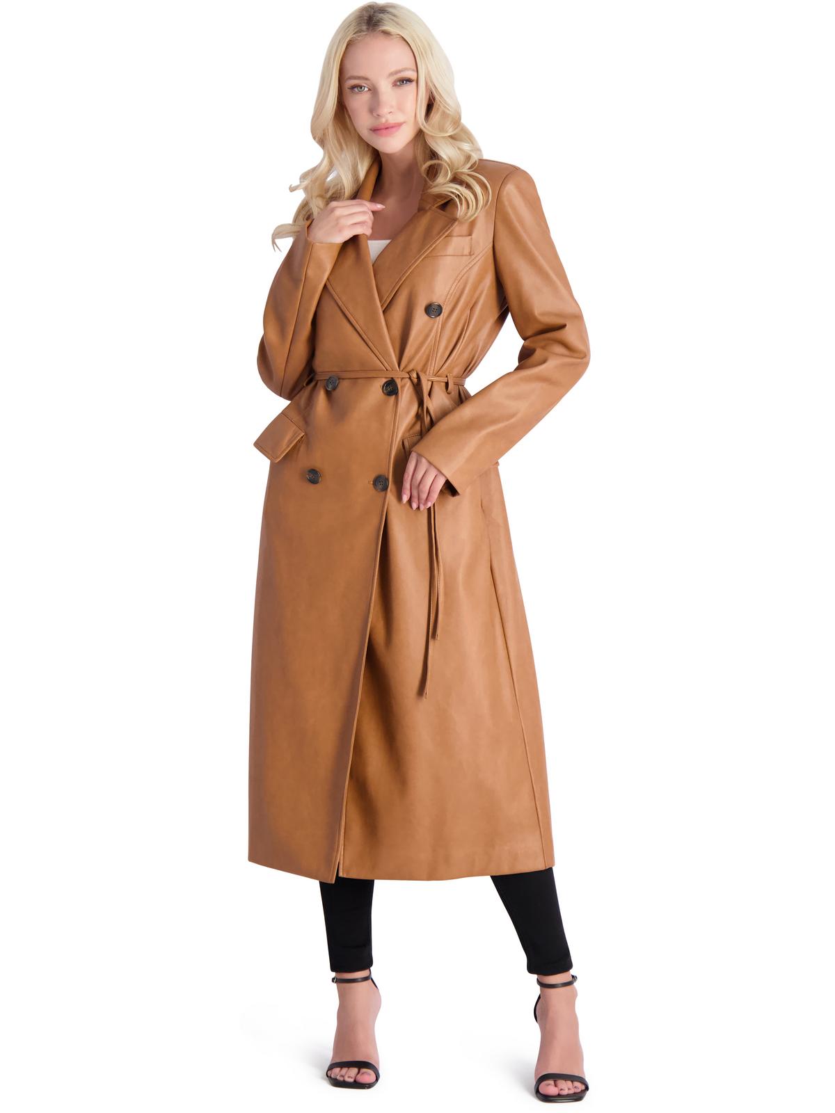 Womens Faux Leather Tie Waist Trench Coat