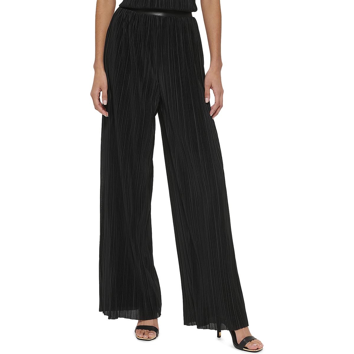 Womens Faux Leather Trim Pleated Straight Leg Pants