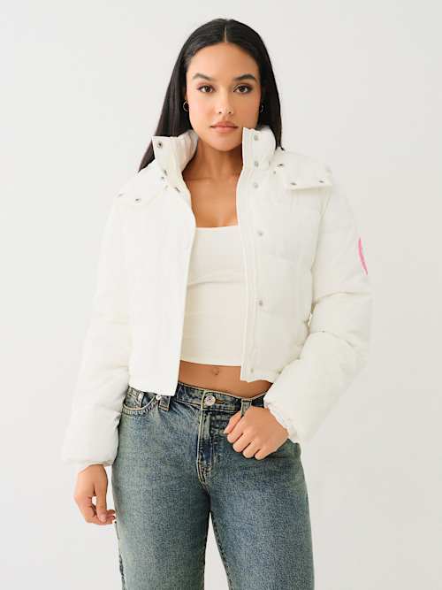 Women's Faux Patent Leather Hooded Puffer Jacket | White | Size Large | True Religion