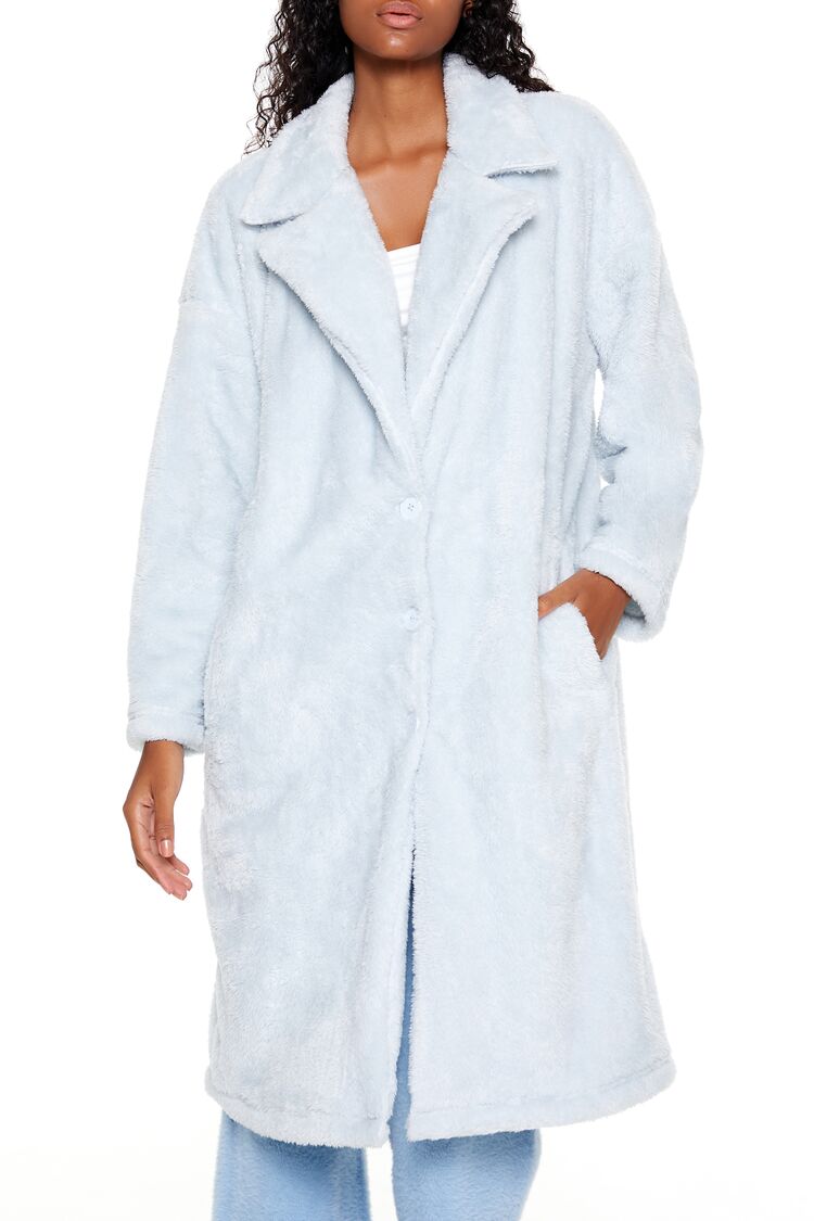 Women's Faux Shearling Teddy Duster Coat in Light Blue Medium