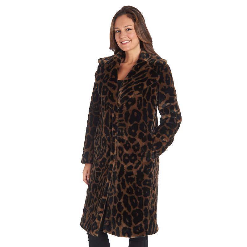 Women's Fleet Street Animal Print Faux-Fur Long Coat, Size: XS, Leopard