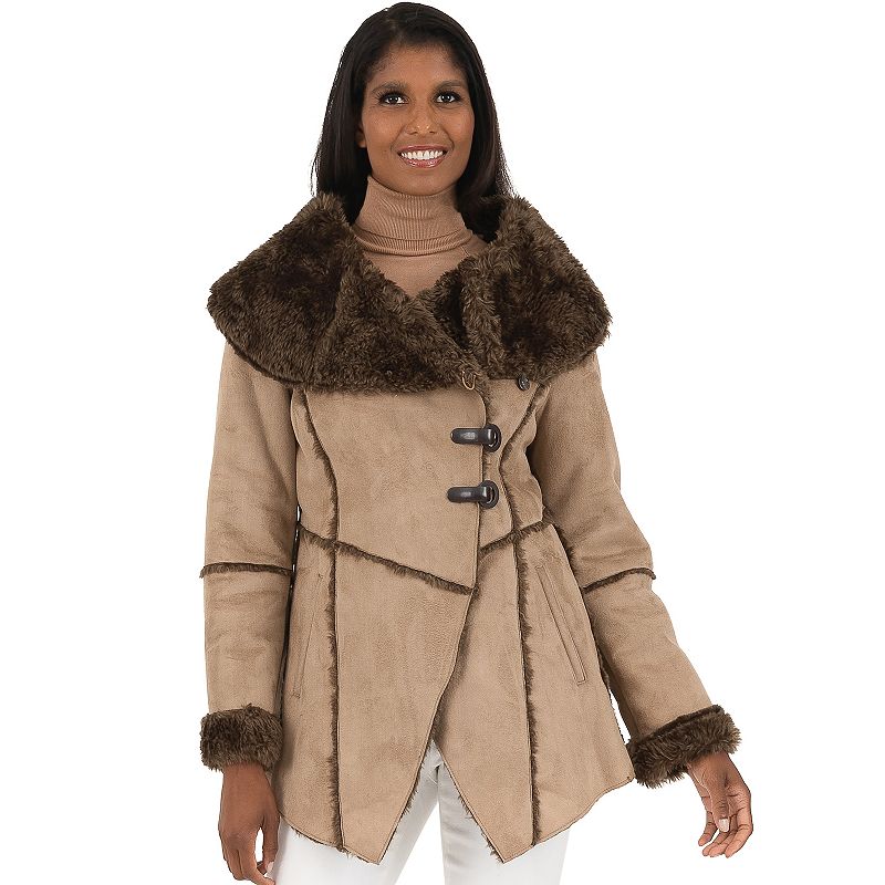 Women's Fleet Street Faux-Fur Collar Faux Shearling Coat, Size: XS, Vicuna