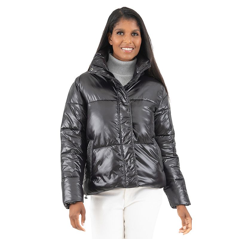 Women's Fleet Street Glossy Short Padded Jacket, Size: Medium, Black