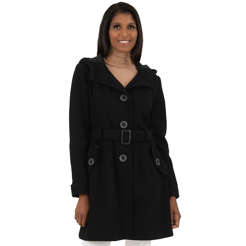 Women's Fleet Street Hooded Textured Wool-Blend Coat, Size: Medium, Black