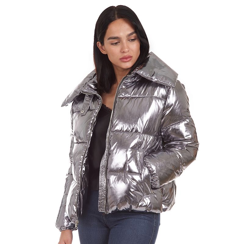 Women's Fleet Street Shiny Puffer Coat, Size: XL, Silver