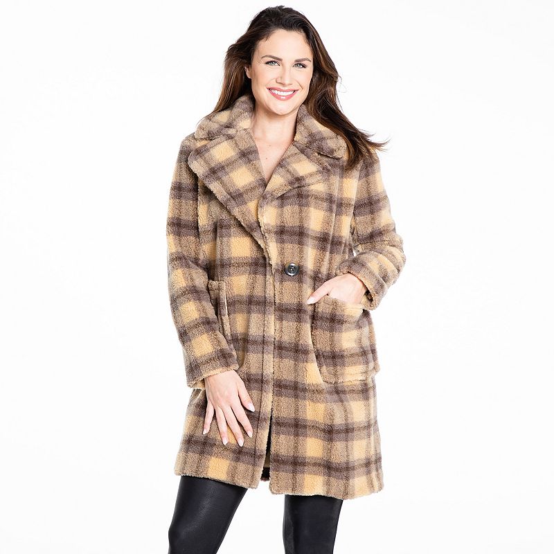 Women's Fleet Street Single Breasted Faux-Fur Plaid Coat, Size: XL, Brown