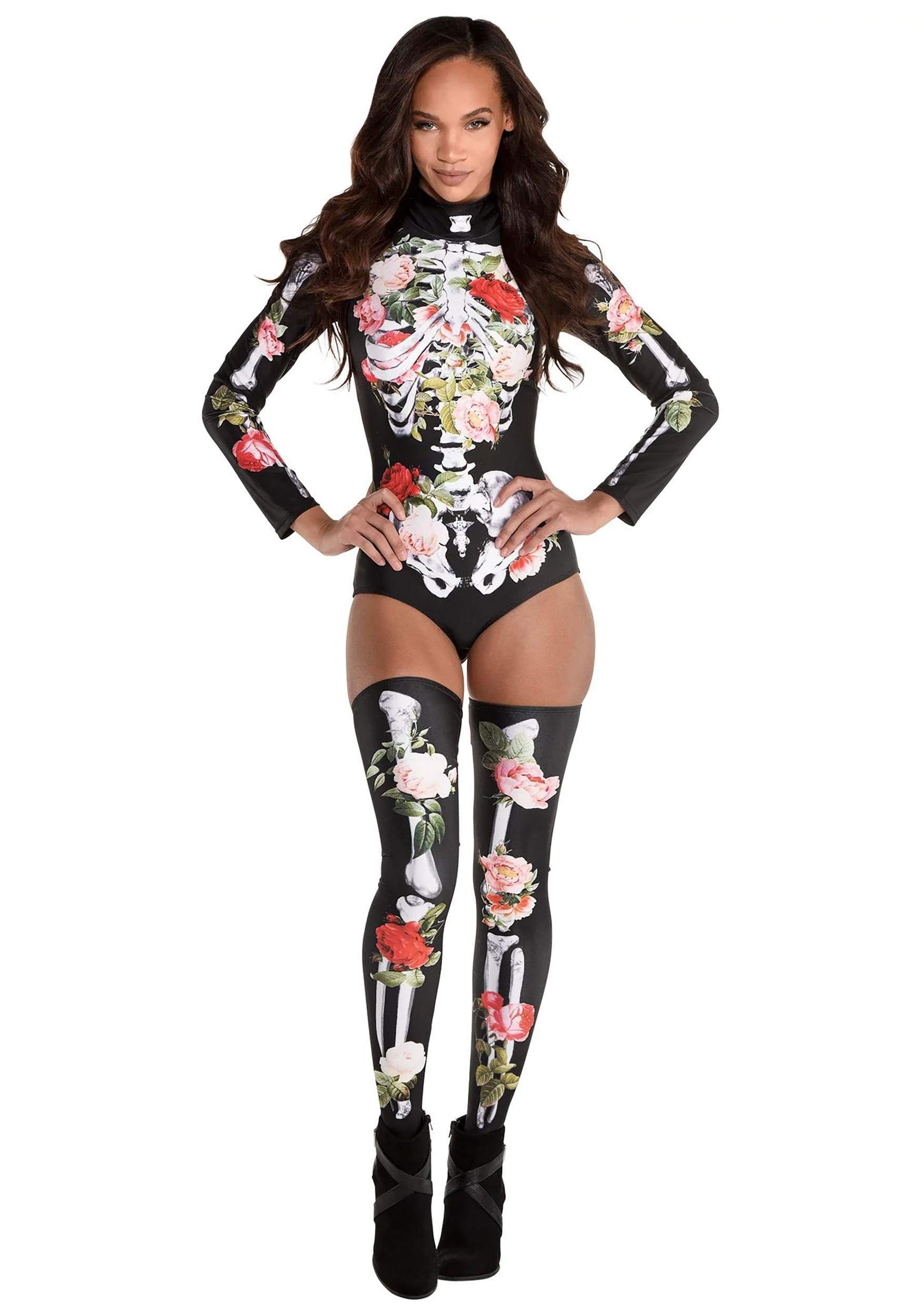 Women's Floral Bodysuit Skeleton Fancy Dress Costume