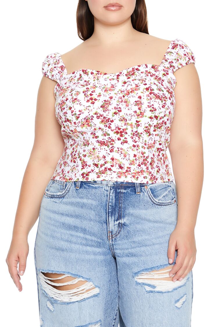 Women's Floral Off-the-Shoulder Top in White, 3X