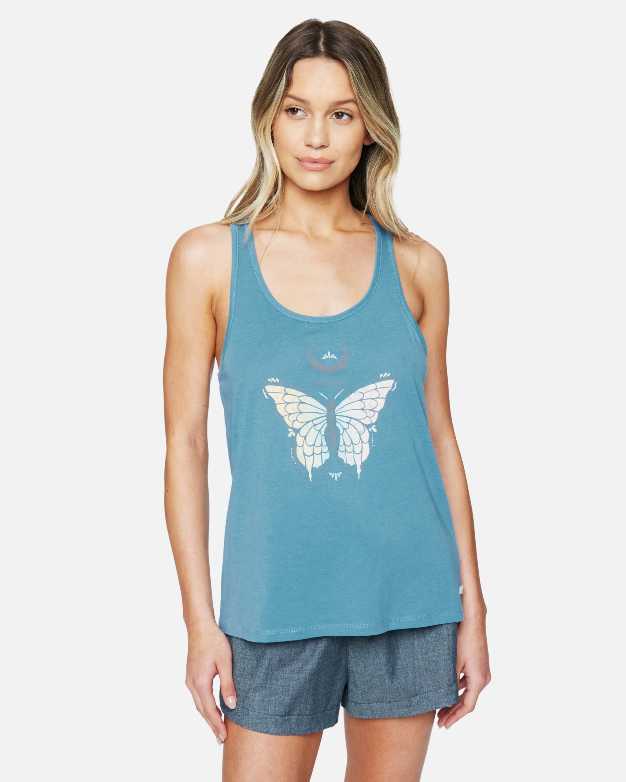 Women's Flutter Washed Racerback Tank Top in Blue, 100% Cotton, Size XS