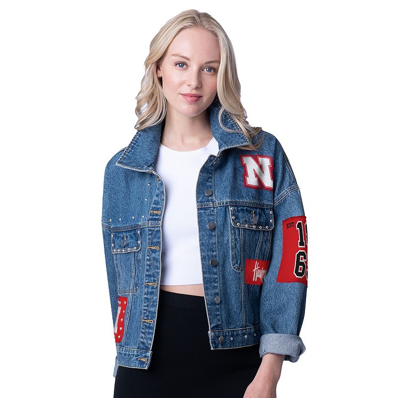 Women's G-III 4Her by Carl Banks Denim Nebraska Huskers Game Ball Patches and Studs Full-Button Jacket, Size: XXL, Turquoise A