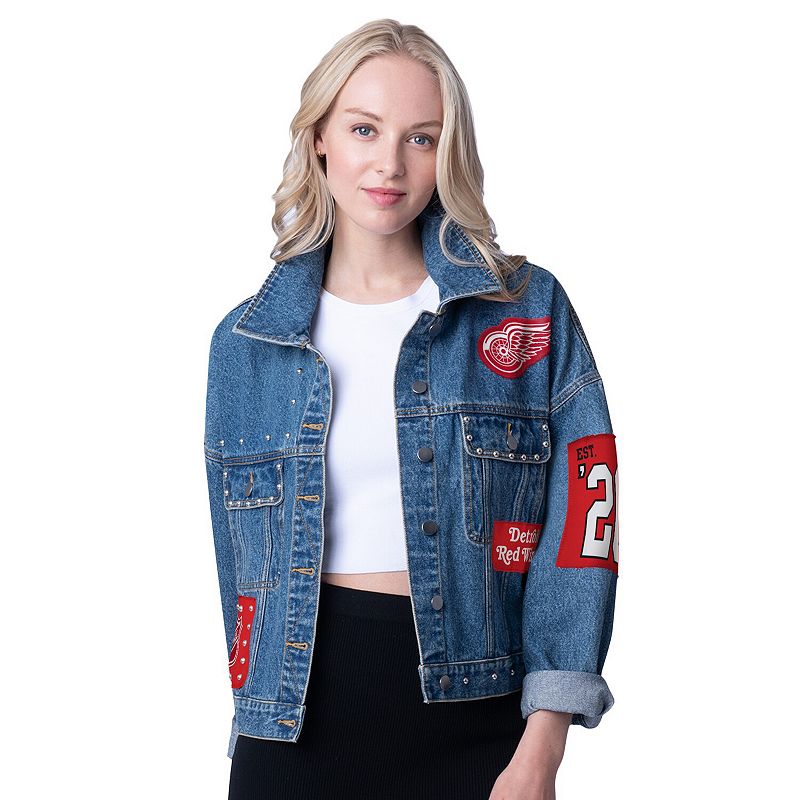 Women's G-III 4Her by Carl Banks Detroit Red Wings Game Ball Cropped Button-Up Denim Jacket, Size: Large, Turquoise A