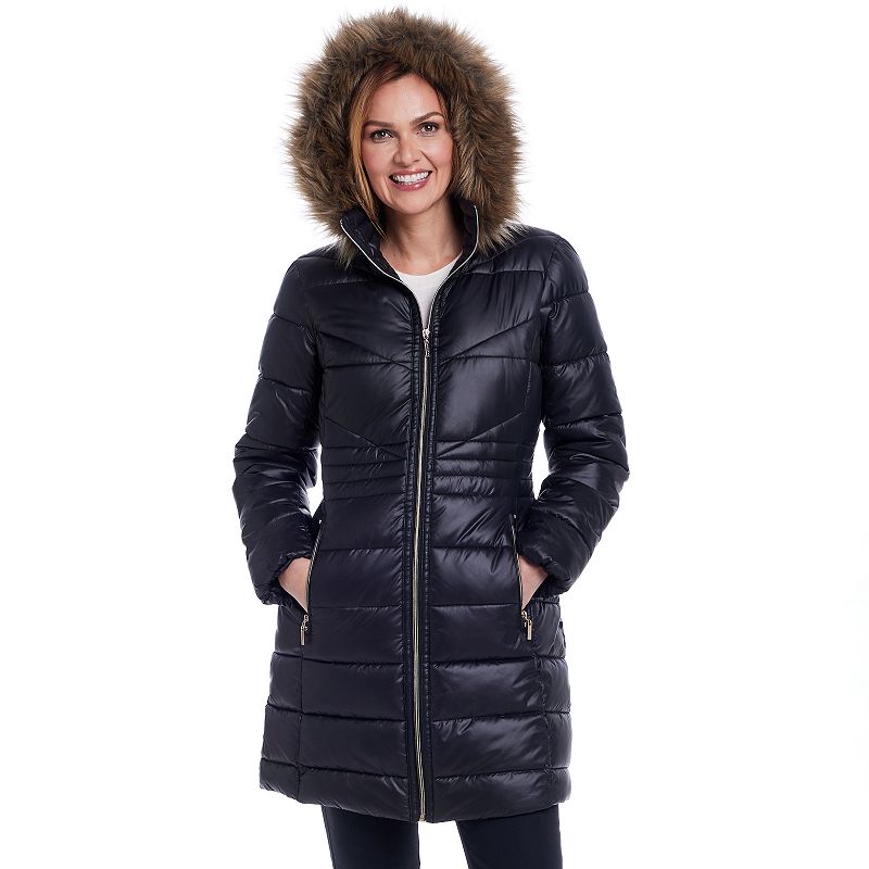 Women's Gallery Faux-Fur Hooded Puffer Jacket, Size: Large, Black