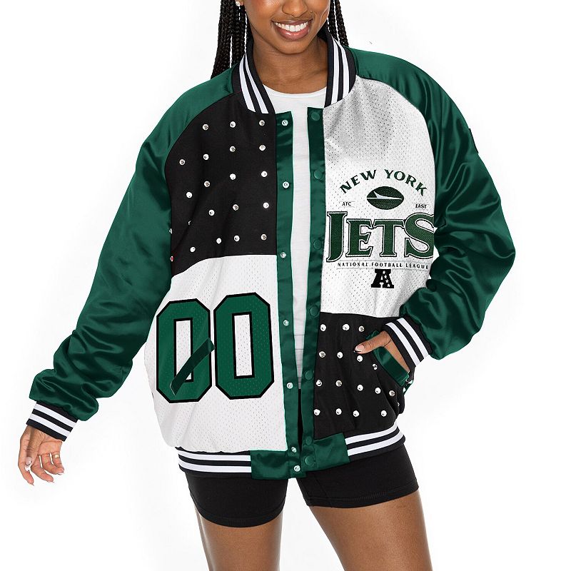 Women's Gameday Couture Green/White New York Jets Oversized Hot Shot Rhinestone Throwback Full-Snap Varsity Bomber Jacket, Size: Large