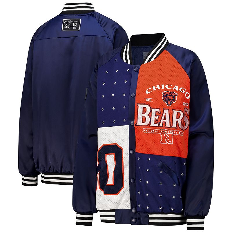 Women's Gameday Couture Navy/Orange Chicago Bears Oversized Hot Shot Rhinestone Throwback Full-Snap Varsity Bomber Jacket, Size: Large, Blue