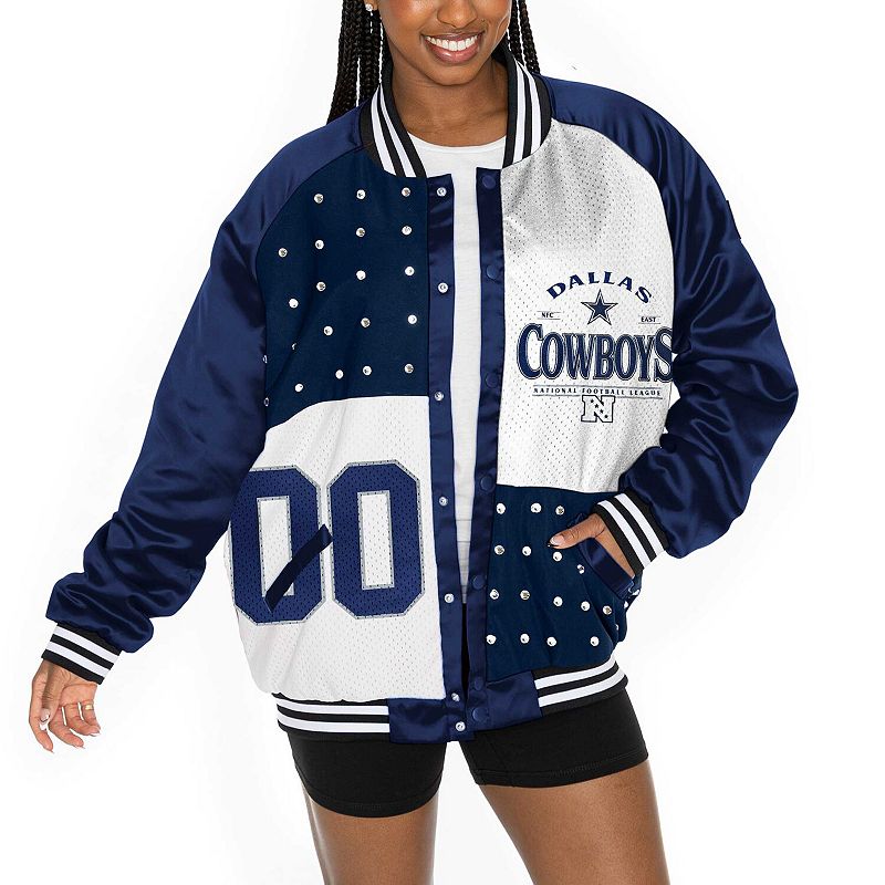 Women's Gameday Couture Navy/White Dallas Cowboys Oversized Hot Shot Rhinestone Throwback Full-Snap Varsity Bomber Jacket, Size: Medium, Blue