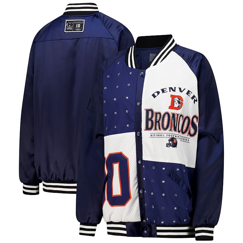 Women's Gameday Couture Navy/White Denver Broncos Oversized Hot Shot Rhinestone Throwback Full-Snap Varsity Bomber Jacket, Size: XS, Blue