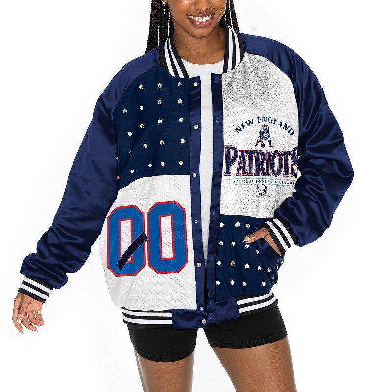 Women's Gameday Couture Navy/White New England Patriots Oversized Hot Shot Rhinestone Throwback Full-Snap Varsity Bomber Jacket, Size: Medium, Blue