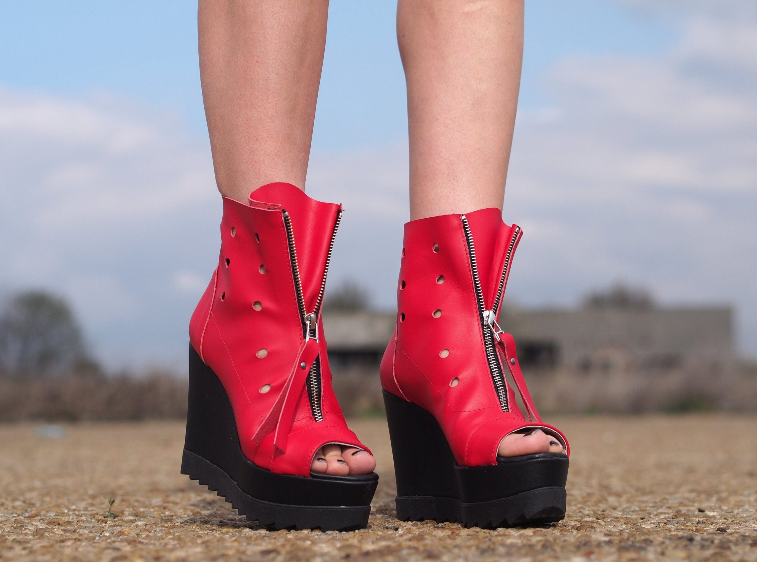 Womens Genuine Leather Summer Boots, Platform Boots, Leather Wedges, Women Open Toe Wedges, Red Boots By Adrenaline