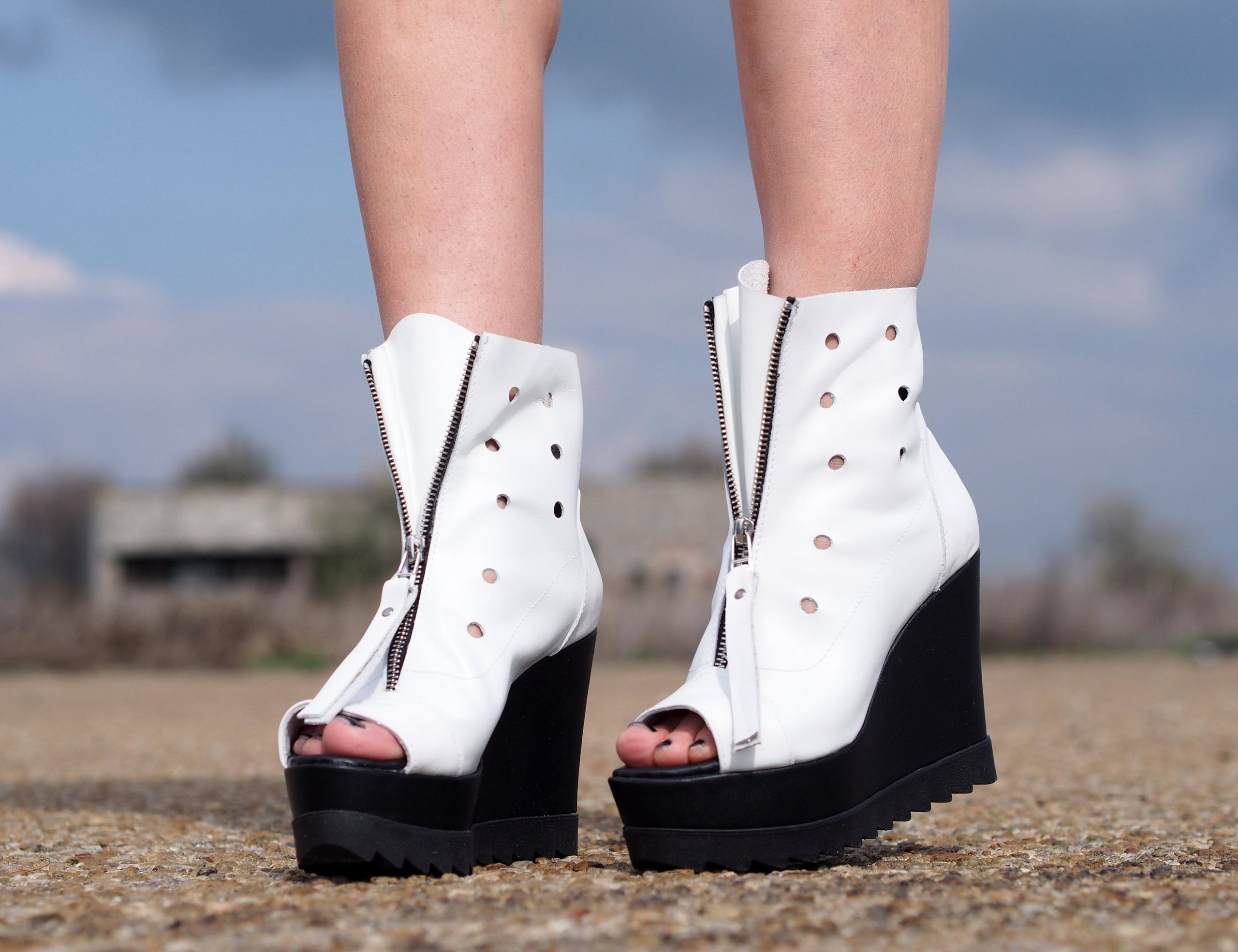 Womens Genuine Leather Summer Boots, White Platform Bootiess, Women Open Toe Wedges, White Boots, Women Leather Wedges