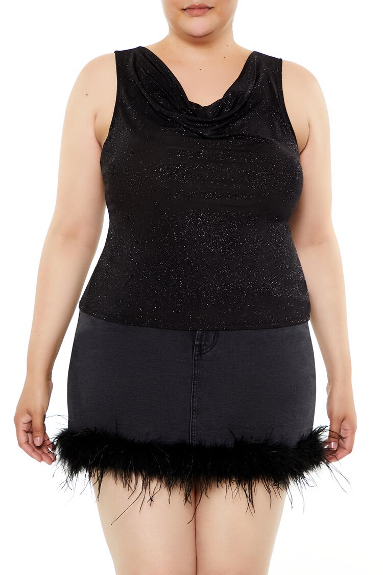 Women's Glitter Knit Cowl Tank Top in Black, 1X