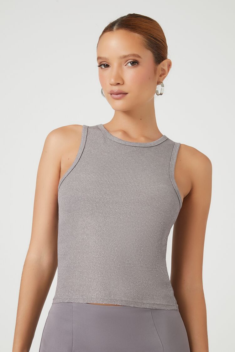 Women's Glitter Ribbed Knit Tank Top in Charcoal Small