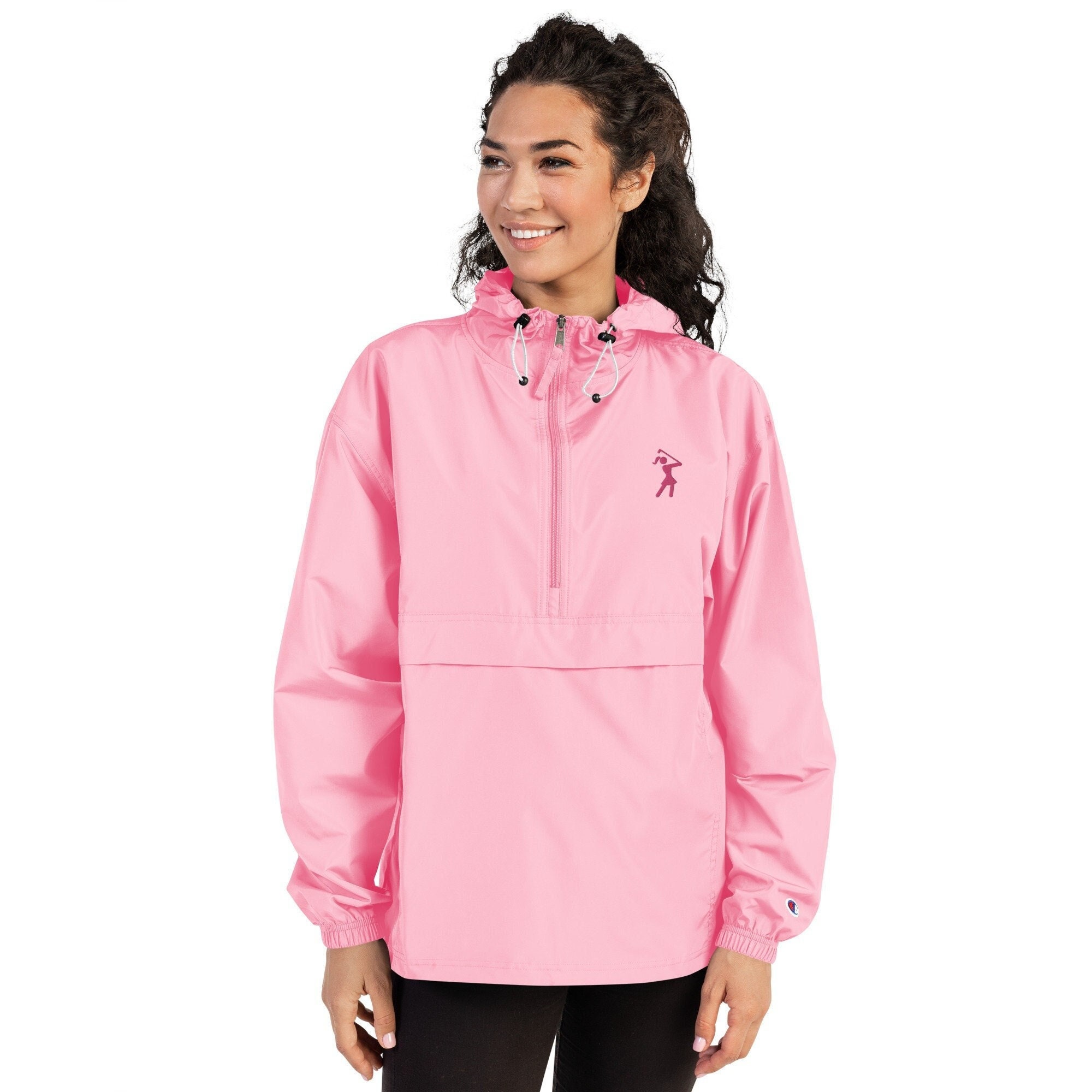 Womens Golf Rain Jacket Iconic Female Golfer Embroidered Champion Packable Windbreaker Half-Zip Pullover With Pockets Gift For