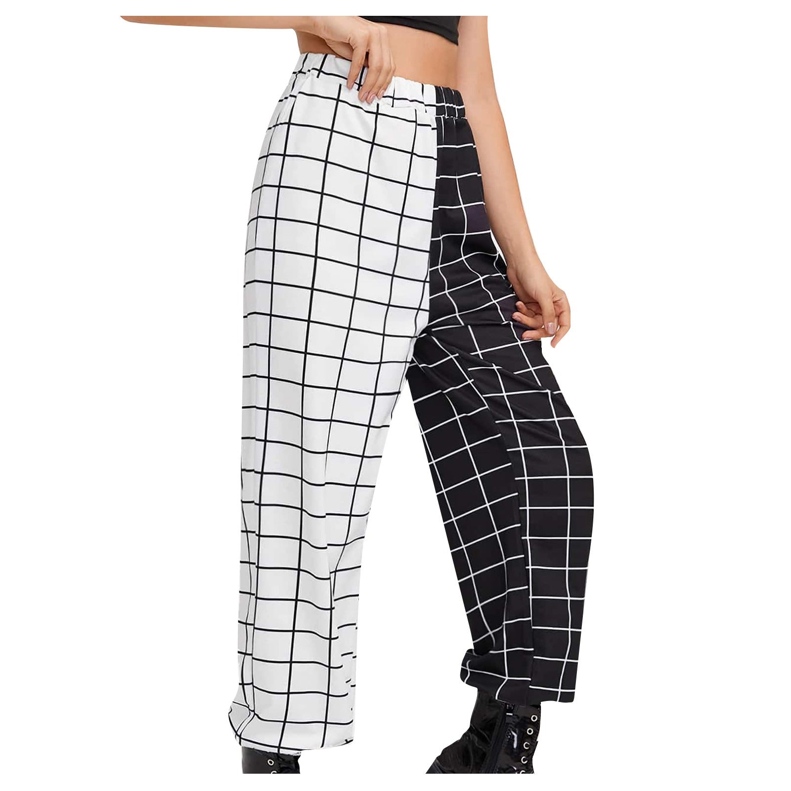 Women's Gothic Cargo Pants With Black-White Checkerboard Print / High Waist Long Pants