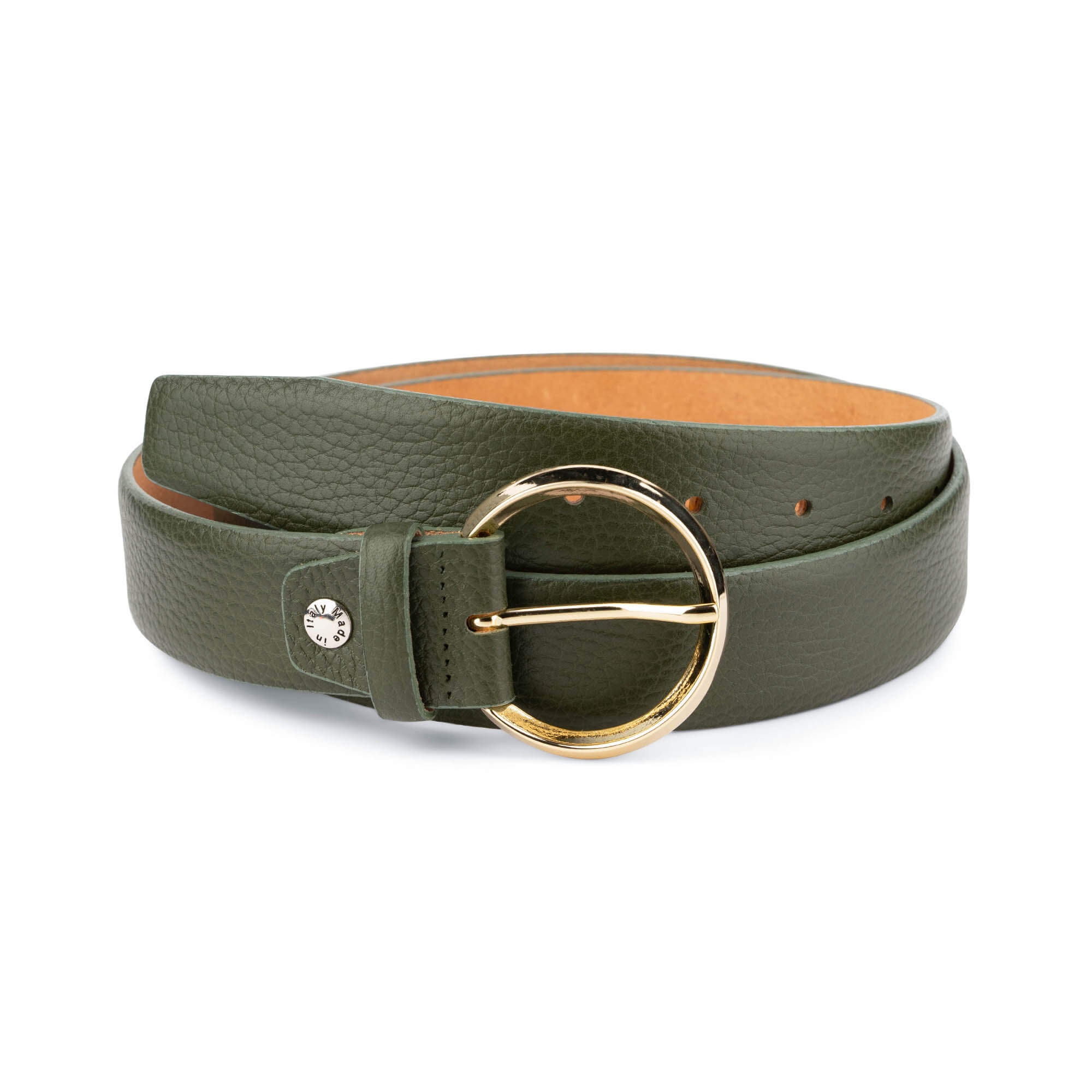 Womens Green Belt With Gold Buckle - Round Lady Leather For Ladies Jeans