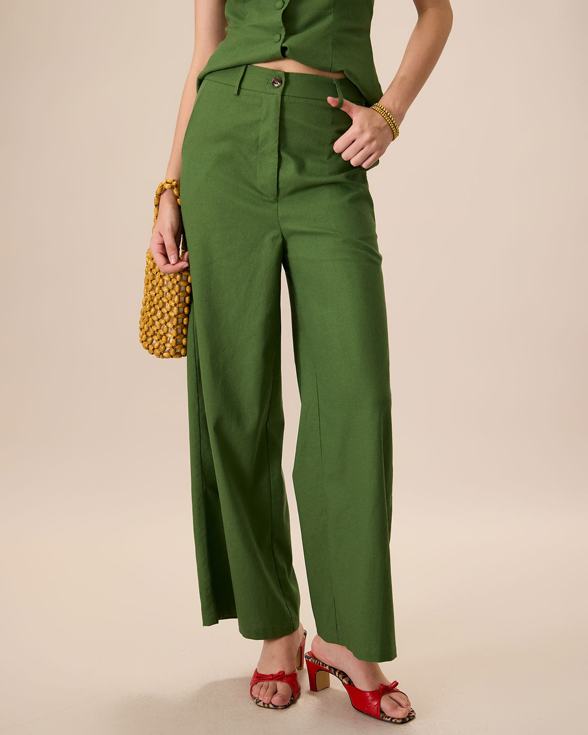 Women's Green High-Waisted Cotton Linen Wide-Leg Pants