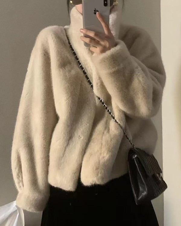 Womens High Neck Open Front Long Sleeve Faux Fur Crop Coat Soft Winter Warm Jacket Outerwear