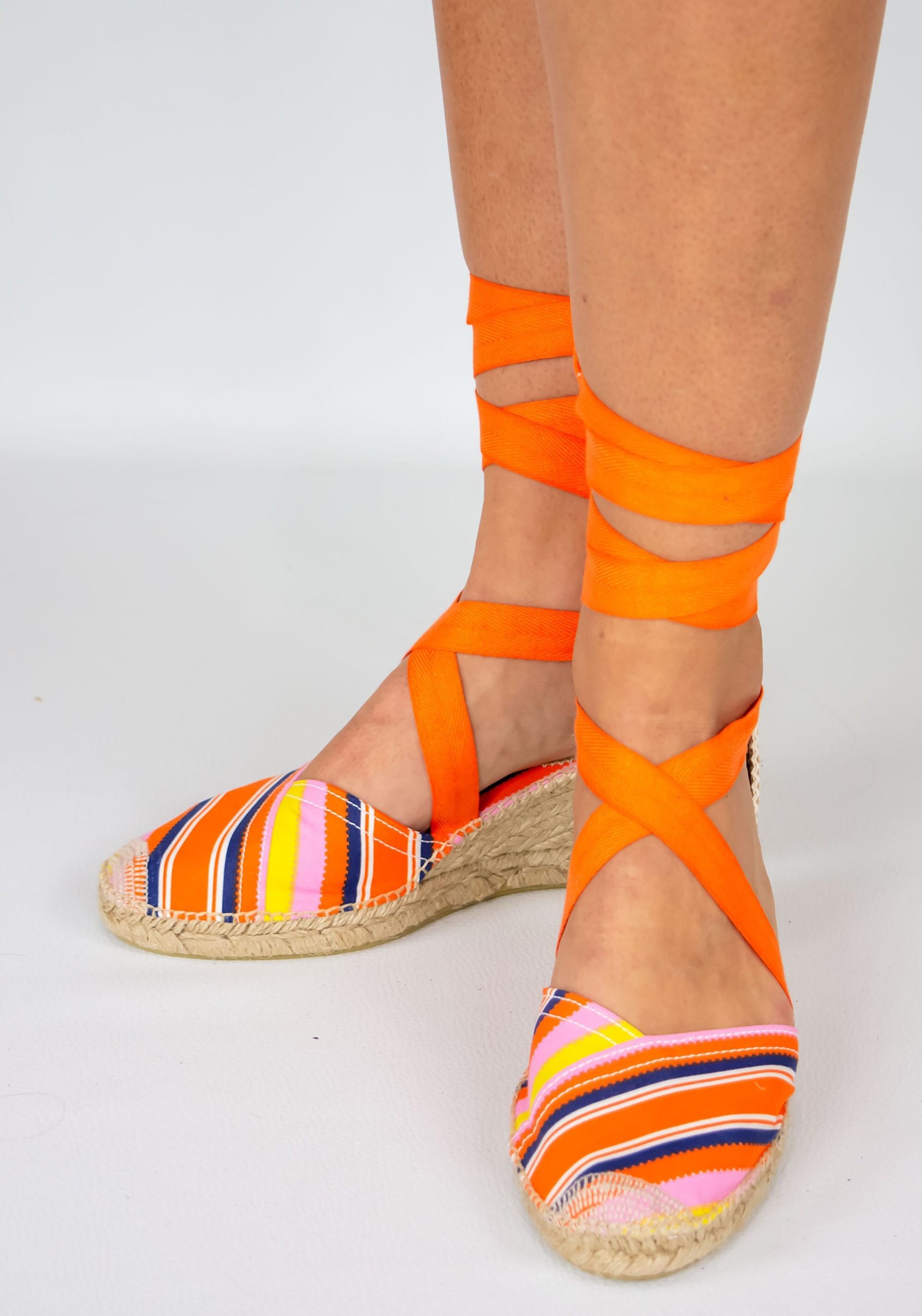 Women's High-Wedge Cotton Espadrilles With Orange Stripes & Ribbons. Espadrilles Handmade in Spain