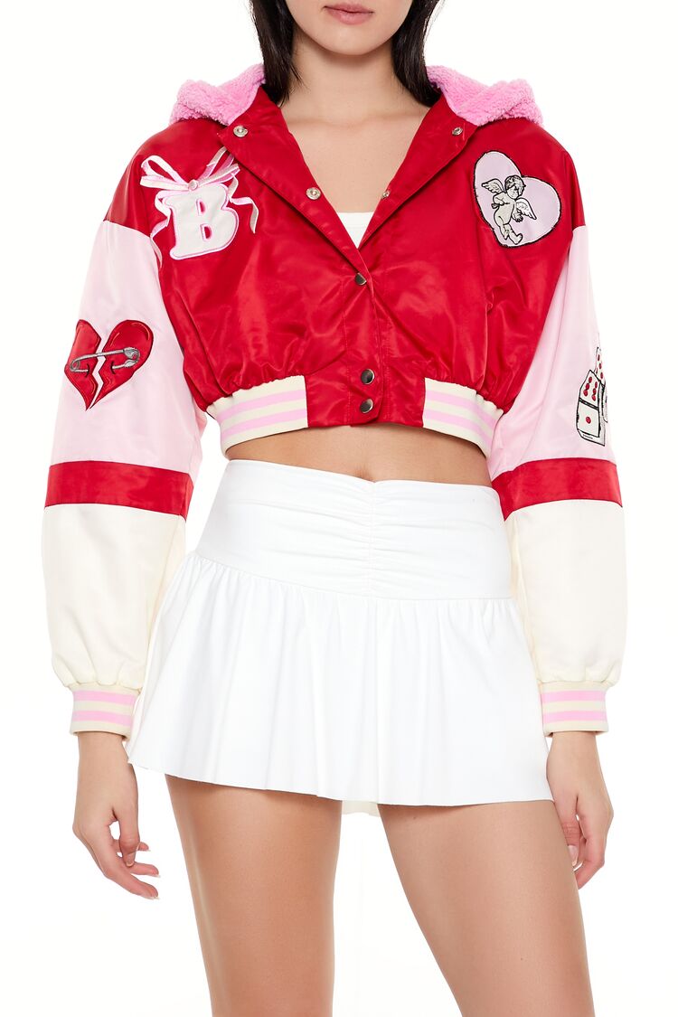 Women's Hooded Bunny Patch Varsity Jacket in Red/Pink Small