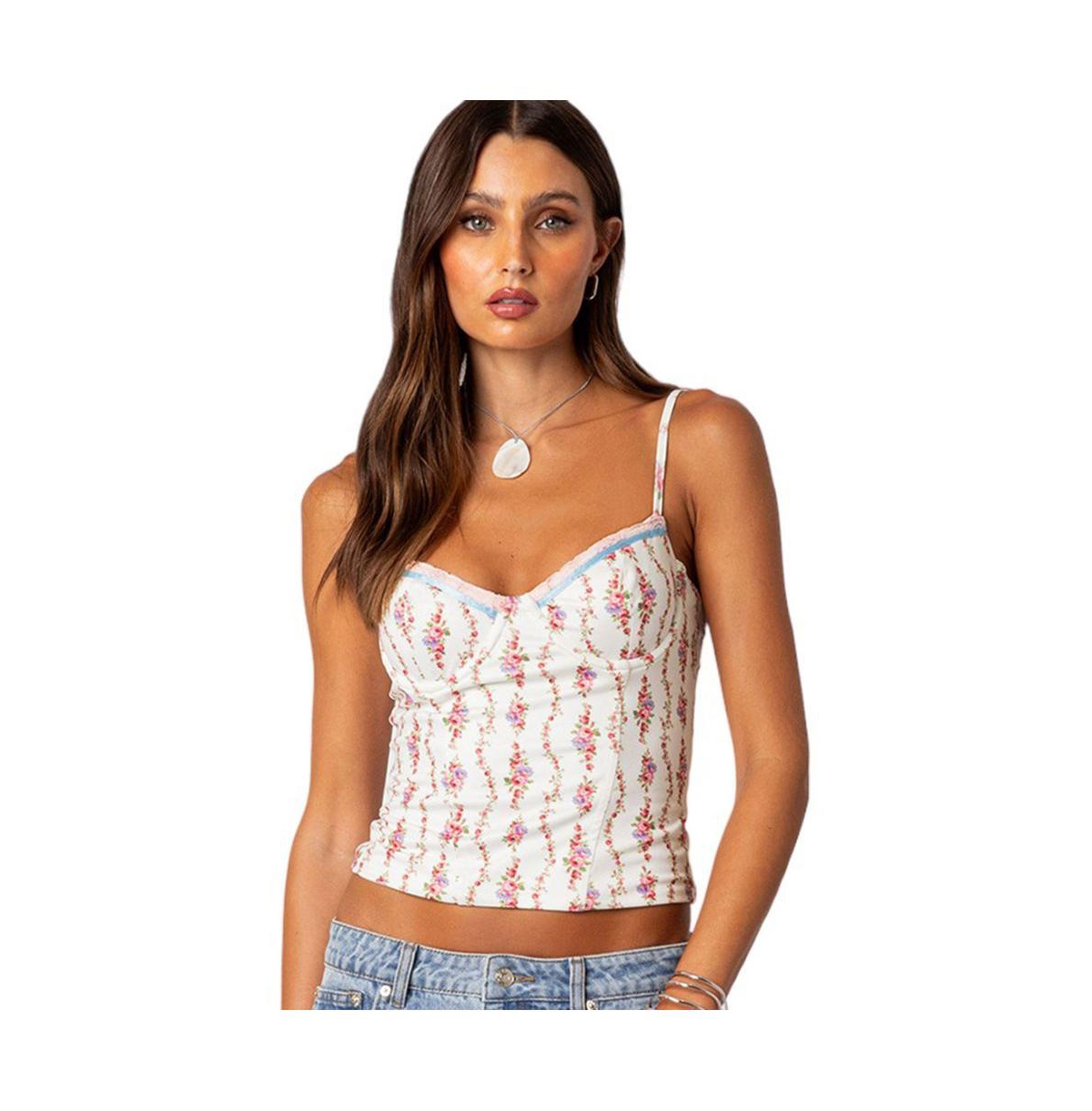 Women's Indira printed cupped lace up corset Top - White floral