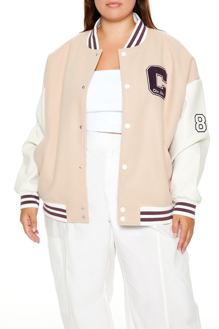 Women's Italia Varsity Jacket in Almond/White, 1X