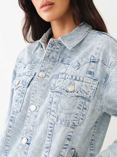 Women's Jimmy Monogram Oversized Denim Jacket | Leaping Water | Size Large | True Religion