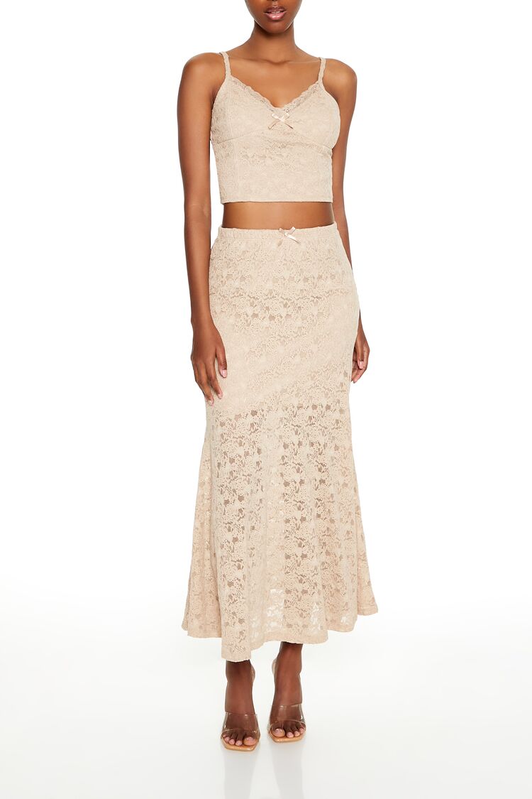 Women's Lace Cami & Mermaid Maxi Skirt Set in Beige Medium